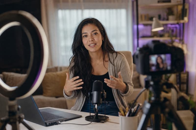 Creadora grabando una lección en su estudio en casa