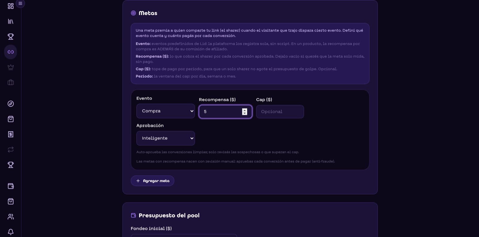 Panel de nueva campaña con eventos predefinidos de Lid y recompensa por compra